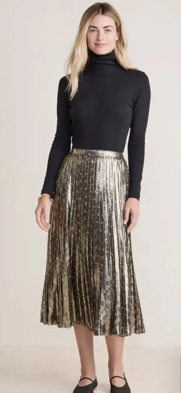 Women's Metallic Pleated Midi Sexy Romantic Skirt Vineyard Vines Size L NWT